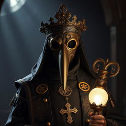 A striking portrait of a Holy Plague Doctor, wearing an ornate, detailed mask with a long snout, symbolizing protection and healing during the plague