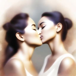 This is a digital art piece, rendered in high quality, showcasing two women sharing a tender kiss