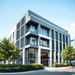 A modern architectural building featuring a sleek design with a combination of grey and white colors
