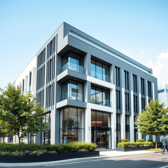 A modern architectural building featuring a sleek design with a combination of grey and white colors