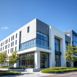A modern architectural building featuring a sleek design with a combination of grey and white colors