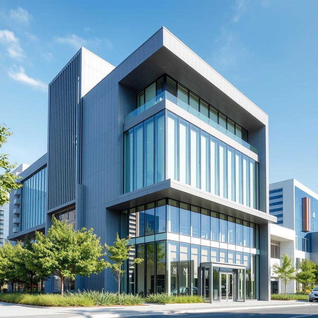 A modern architectural building featuring a sleek design with a combination of grey and white colors