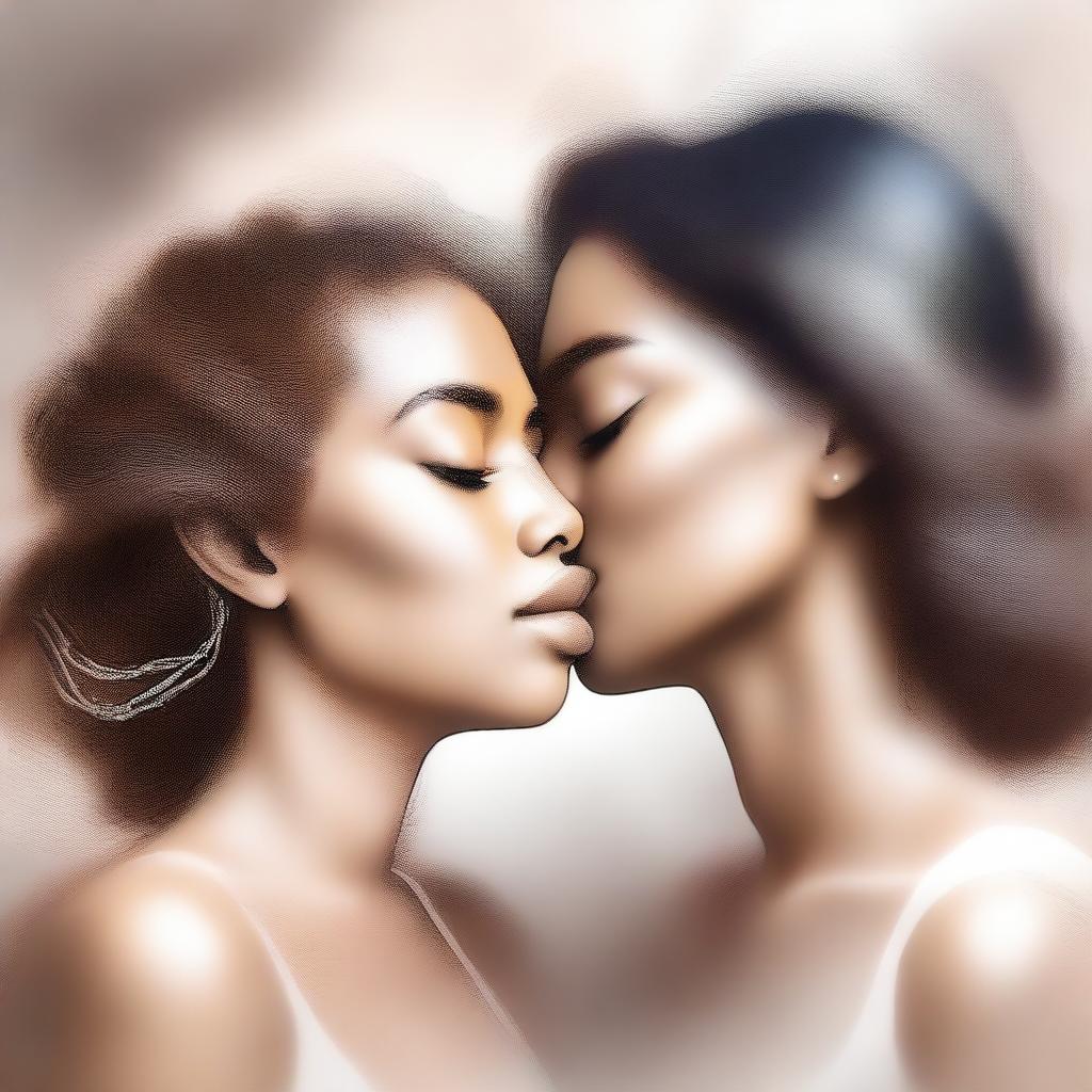 This is a digital art piece, rendered in high quality, showcasing two women sharing a tender kiss