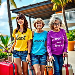 A tall, pretty woman with dark brown hair in bangs styled half up and half down, wearing a bright yellow short sleeve shirt with the word 'beach' printed on it, paired with denim shorts