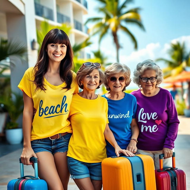 A tall, pretty woman with dark brown hair in bangs styled half up and half down, wearing a bright yellow short sleeve shirt with the word 'beach' printed on it, paired with denim shorts