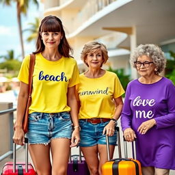 A tall, pretty woman with dark brown hair in bangs styled half up and half down, wearing a bright yellow short sleeve shirt with the word 'beach' printed on it, paired with denim shorts