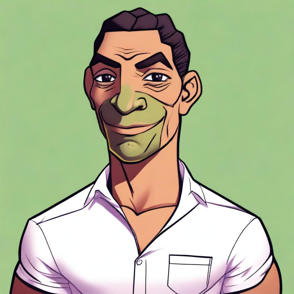 This is a high-quality digital illustration of a fictional character: a slim, less athletic, handsome middle-aged man of Puerto Rican descent