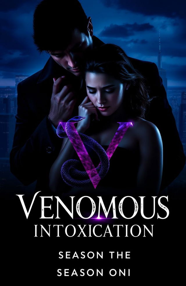 A cover image for season 1 of 'Venomous Intoxication' featuring a shadowy figure of Julian looming over a visibly shaken Maya who stands strong yet vulnerable