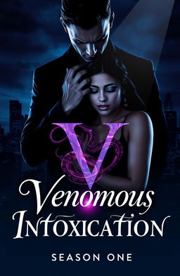 A cover image for season 1 of 'Venomous Intoxication' featuring a shadowy figure of Julian looming over a visibly shaken Maya who stands strong yet vulnerable