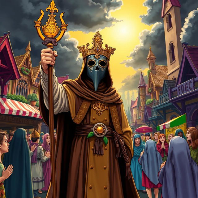 A Holy Moslem Plague Doctor wearing an ornate, traditional mask with intricate patterns and a long cloak, standing heroically in a vibrant, bustling medieval town
