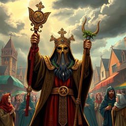 A Holy Moslem Plague Doctor wearing an ornate, traditional mask with intricate patterns and a long cloak, standing heroically in a vibrant, bustling medieval town