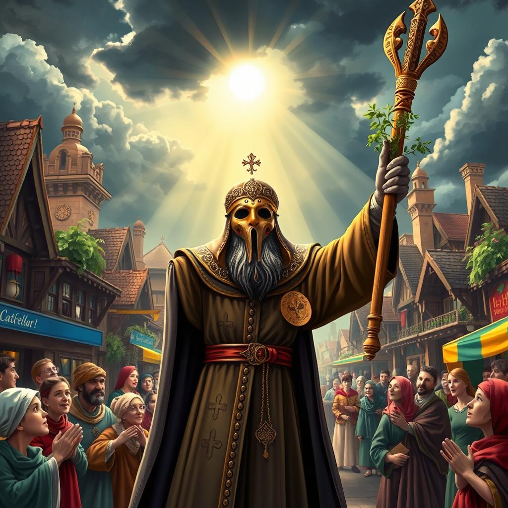 A Holy Moslem Plague Doctor wearing an ornate, traditional mask with intricate patterns and a long cloak, standing heroically in a vibrant, bustling medieval town