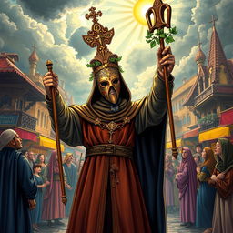 A Holy Moslem Plague Doctor wearing an ornate, traditional mask with intricate patterns and a long cloak, standing heroically in a vibrant, bustling medieval town