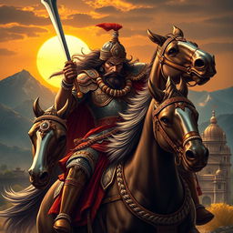 A fierce and valiant warrior from the Lodhi Rajput dynasty, clad in traditional armor with intricate designs, wielding a shining sword while riding a powerful horse
