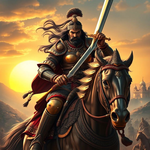 A fierce and valiant warrior from the Lodhi Rajput dynasty, clad in traditional armor with intricate designs, wielding a shining sword while riding a powerful horse