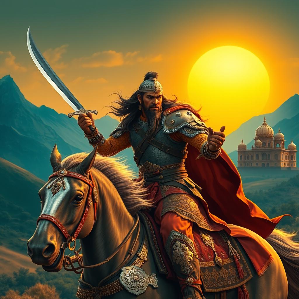 A fierce and valiant warrior from the Lodhi Rajput dynasty, clad in traditional armor with intricate designs, wielding a shining sword while riding a powerful horse