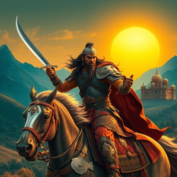 A fierce and valiant warrior from the Lodhi Rajput dynasty, clad in traditional armor with intricate designs, wielding a shining sword while riding a powerful horse