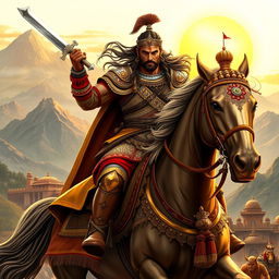 A fierce and valiant warrior from the Lodhi Rajput dynasty, clad in traditional armor with intricate designs, wielding a shining sword while riding a powerful horse