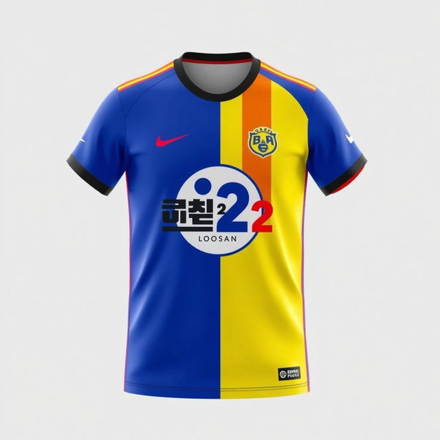 A vibrant and stylish sports jersey featuring a dynamic color scheme of blue and yellow, with a split design, one side blue and the other side yellow