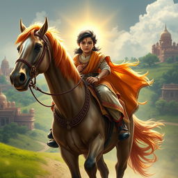 A powerful and beautiful young boy, a descendant of the Lodhi dynasty, confidently riding a magnificent horse