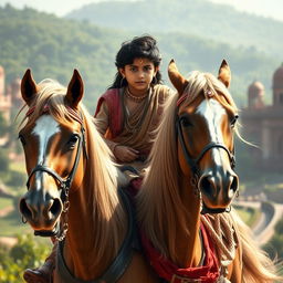 A powerful and beautiful young boy, a descendant of the Lodhi dynasty, confidently riding a magnificent horse