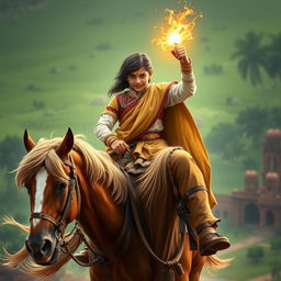 A powerful and beautiful young boy, a descendant of the Lodhi dynasty, confidently riding a magnificent horse