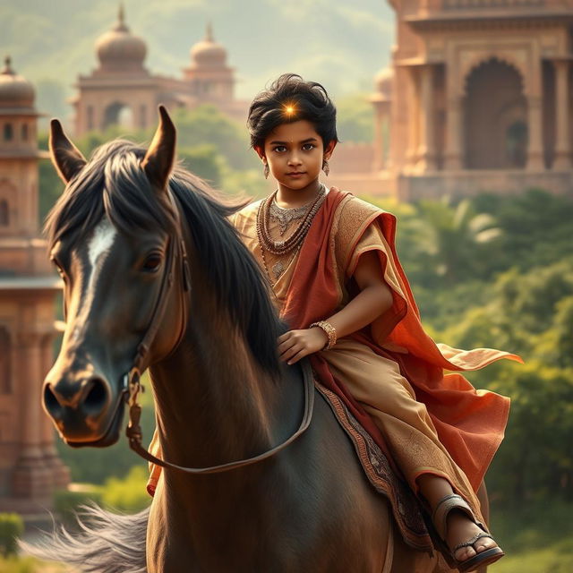 A powerful and beautiful young boy, a descendant of the Lodhi dynasty, confidently riding a magnificent horse