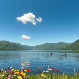 A serene landscape featuring a tranquil lake surrounded by lush green mountains under a clear blue sky
