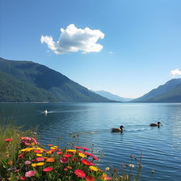 A serene landscape featuring a tranquil lake surrounded by lush green mountains under a clear blue sky