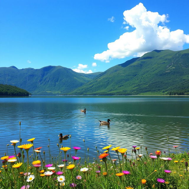 A serene landscape featuring a tranquil lake surrounded by lush green mountains under a clear blue sky