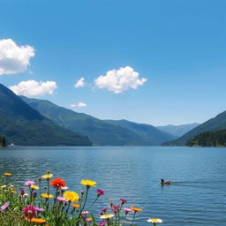 A serene landscape featuring a tranquil lake surrounded by lush green mountains under a clear blue sky