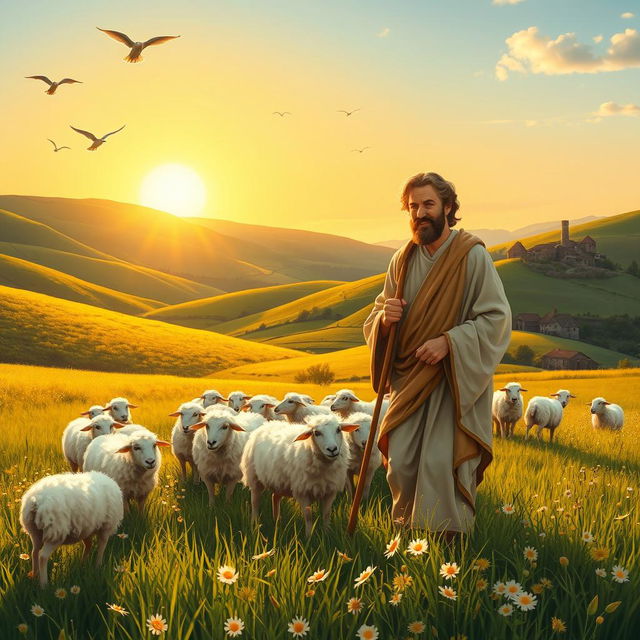 A serene and picturesque scene illustrating a biblical shepherd in a lush green landscape