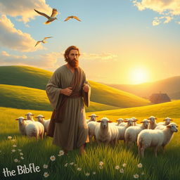A serene and picturesque scene illustrating a biblical shepherd in a lush green landscape
