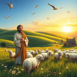 A serene and picturesque scene illustrating a biblical shepherd in a lush green landscape