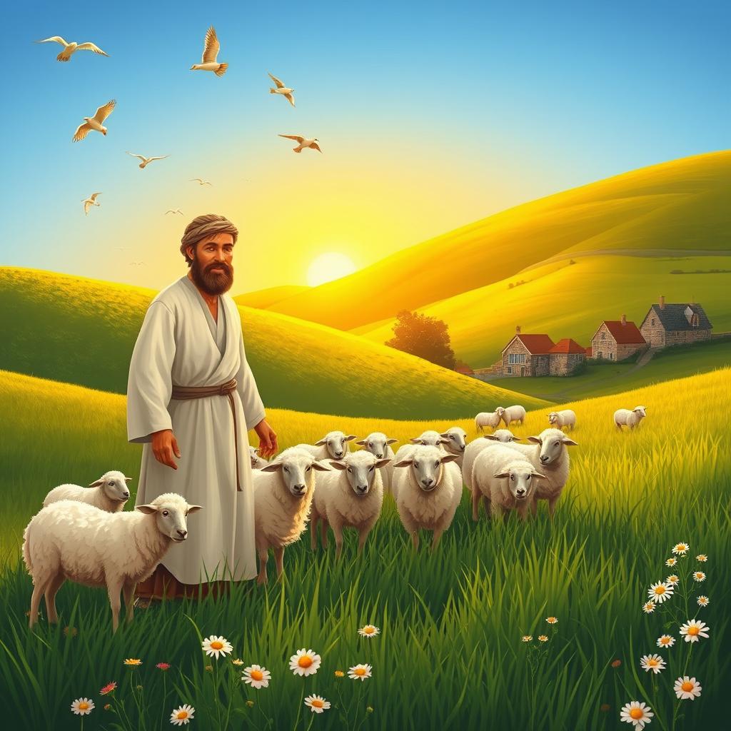 A serene and picturesque scene illustrating a biblical shepherd in a lush green landscape