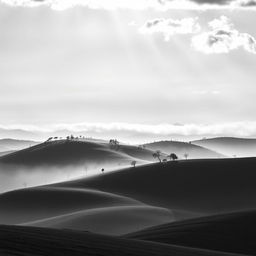 A stunning black and white background featuring a serene landscape with rolling hills, scattered trees, and a soft mist enveloping the area