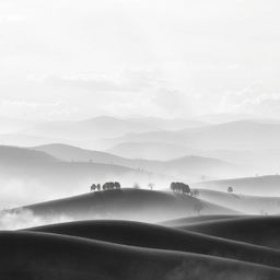 A stunning black and white background featuring a serene landscape with rolling hills, scattered trees, and a soft mist enveloping the area