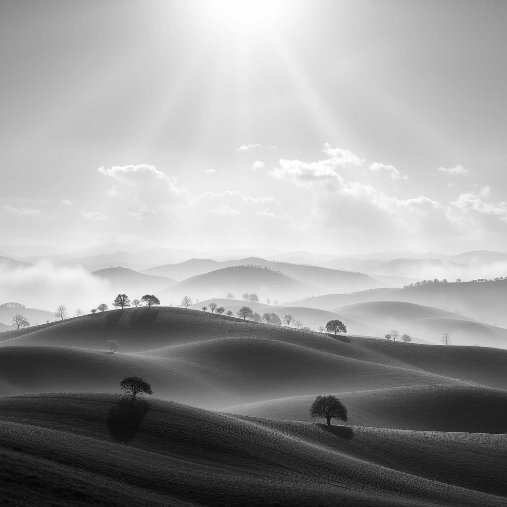 A stunning black and white background featuring a serene landscape with rolling hills, scattered trees, and a soft mist enveloping the area