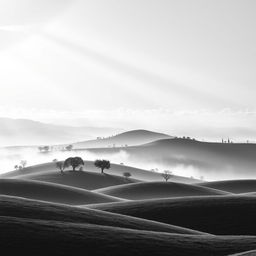 A stunning black and white background featuring a serene landscape with rolling hills, scattered trees, and a soft mist enveloping the area