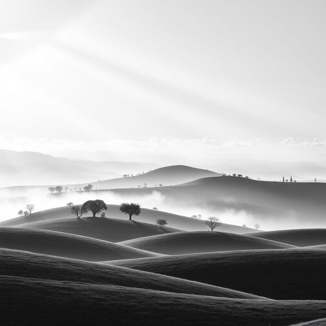 A stunning black and white background featuring a serene landscape with rolling hills, scattered trees, and a soft mist enveloping the area