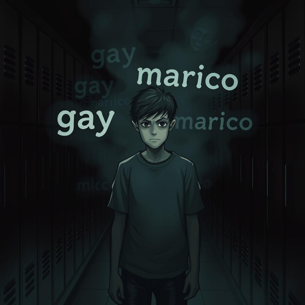 A 14-year-old boy in a dark hallway surrounded by lockers