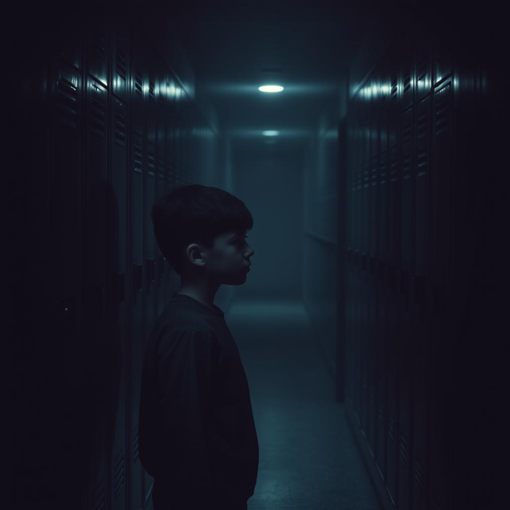 A 14-year-old boy standing in a dark hallway filled with lockers