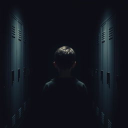 A 14-year-old boy standing in a dark hallway filled with lockers