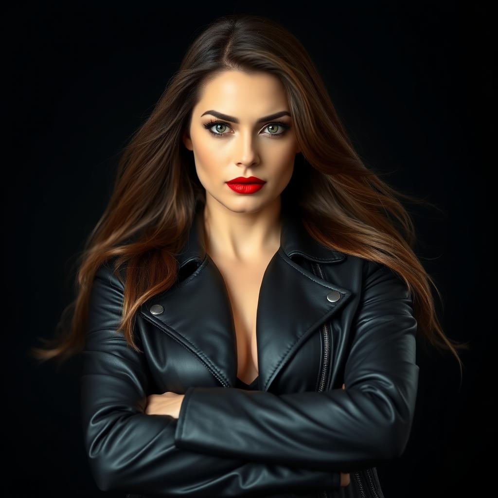 A stunning portrait of a confident woman with long, flowing brunette hair, wearing a sleek black leather jacket