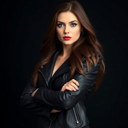 A stunning portrait of a confident woman with long, flowing brunette hair, wearing a sleek black leather jacket