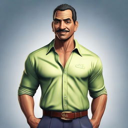 This is a high-quality, full-body digital illustration of a fictional character: a slim, handsome middle-aged man of Puerto Rican descent