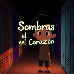 A 14-year-old animated boy standing in a dark hallway filled with lockers, with the title 'Sombras en el Corazón' artistically integrated into the scene