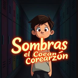 A 14-year-old animated boy standing in a dark hallway filled with lockers, with the title 'Sombras en el Corazón' artistically integrated into the scene