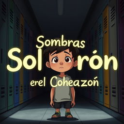 A 14-year-old animated boy standing in a dark hallway filled with lockers, with the title 'Sombras en el Corazón' artistically integrated into the scene