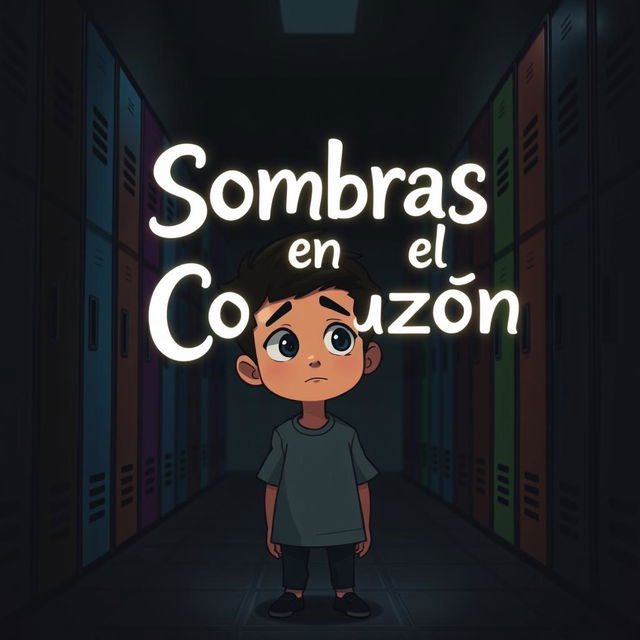 A 14-year-old animated boy standing in a dark hallway filled with lockers, with the title 'Sombras en el Corazón' artistically integrated into the scene